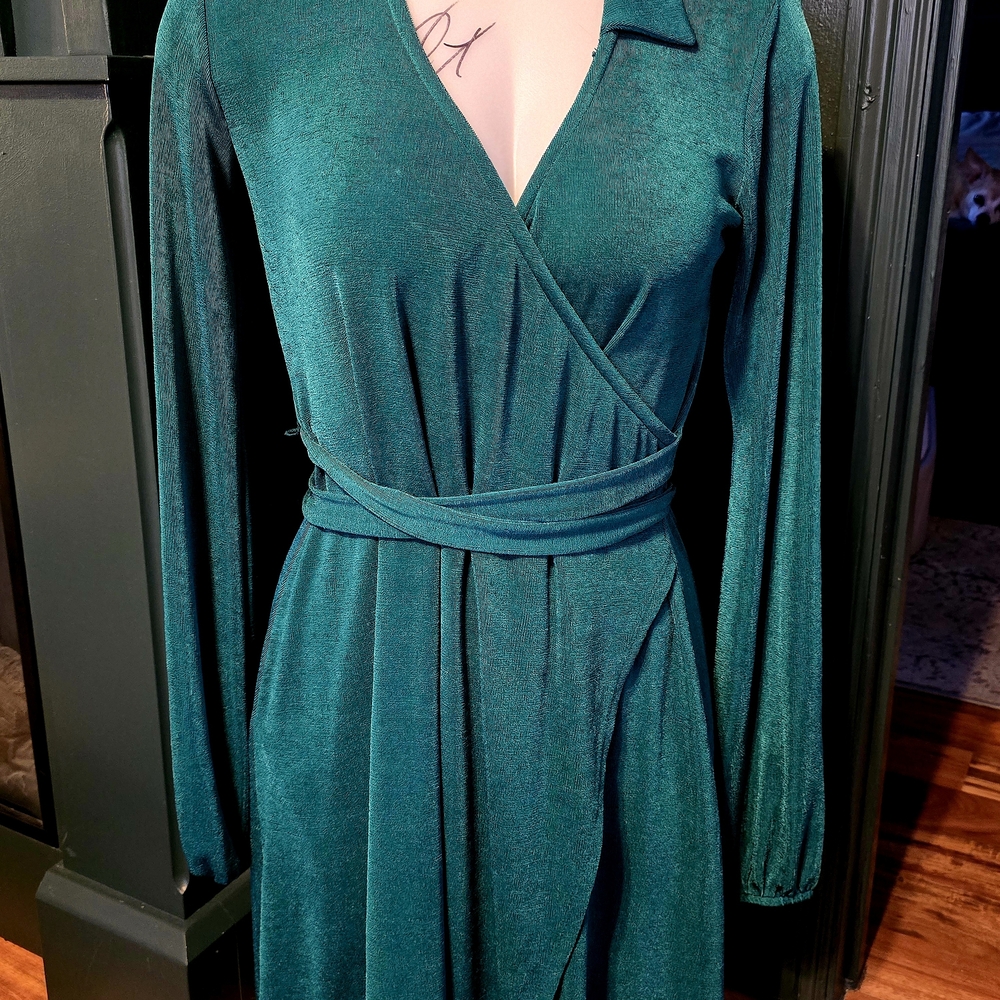 Wild Fable Emerald Shimmer Long Sleeve Wrap Dress XS Stretch W Tie